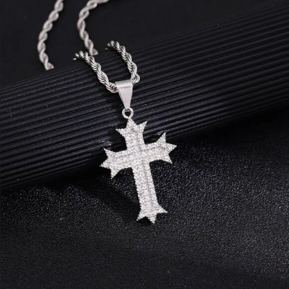 24" Mens 2ct Diamond 14K White Gold Cross Necklace Rope Chain Silver Jewelry 14 - Picture 7 of 9